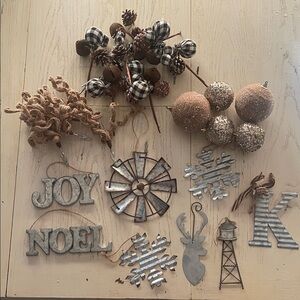 Rustic Farmhouse Holiday Ornament Set with Metal Accents